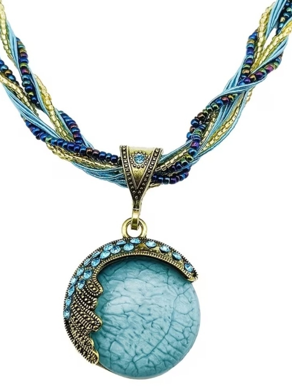 Blue Turquoise-Style Pendant Necklace with Antiqued Gold Accents